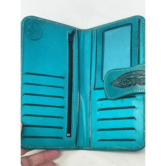 Western Hand Tooled Sustainable Leather Turquoise Teal Blue Green Long Wallet - Picture 2 of 8